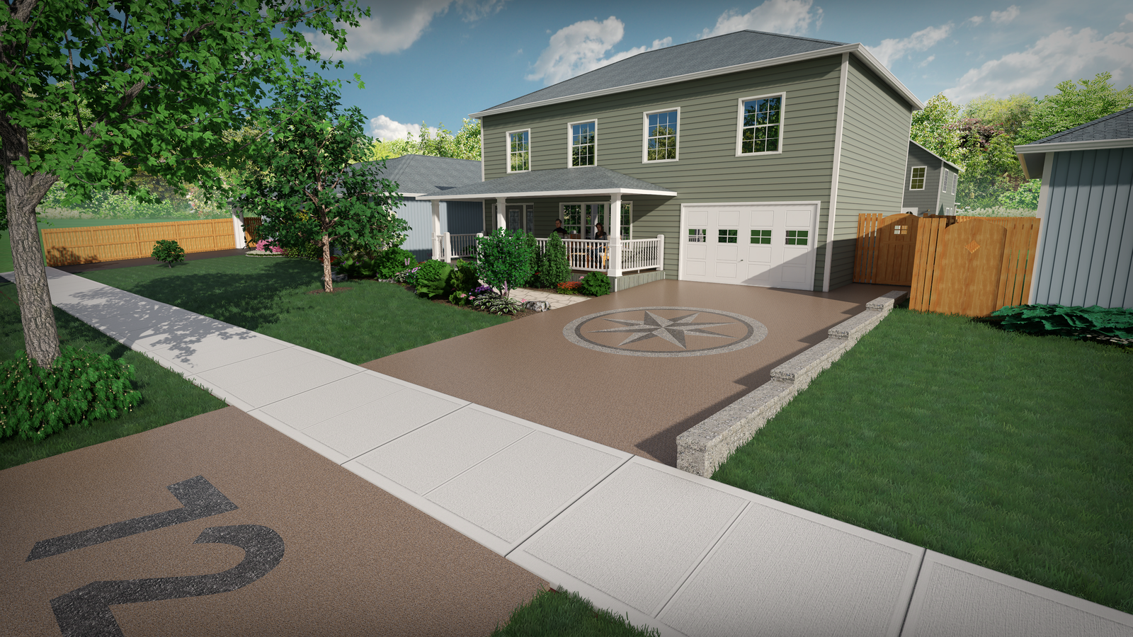 3D design visualization — overhead site plan with material specification