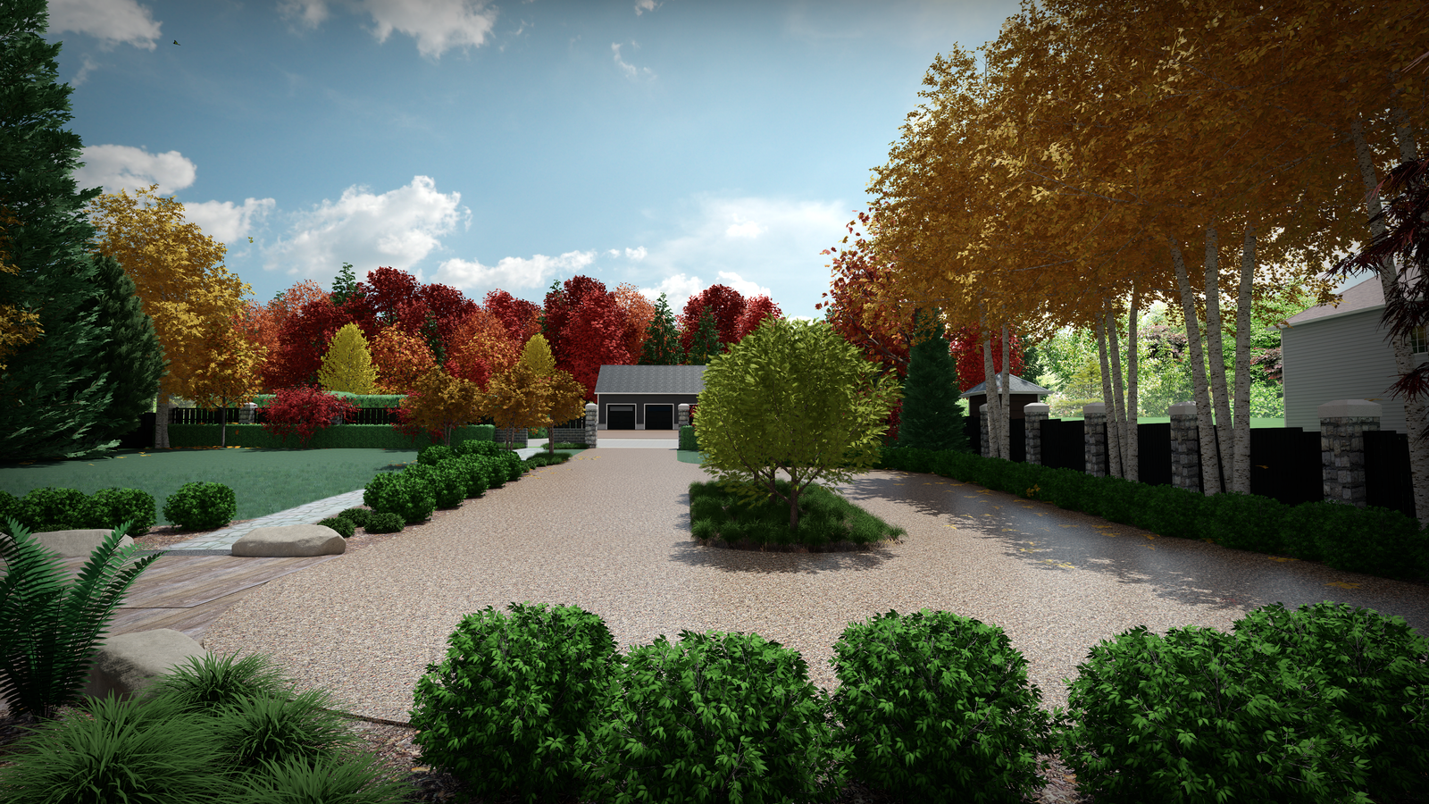 3D perspective render — photorealistic luxury driveway design