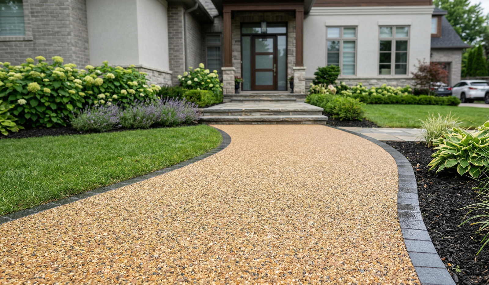 Resin-bound aggregate permeable surface — custom finish